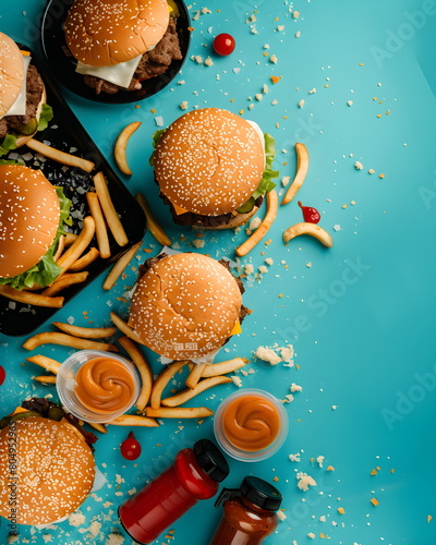 Fast Food Design / Hamburger und Pommes Wallpaper / Hamburger Poster / Schnellrestaurant Illustration / Ai-Ki generiert
