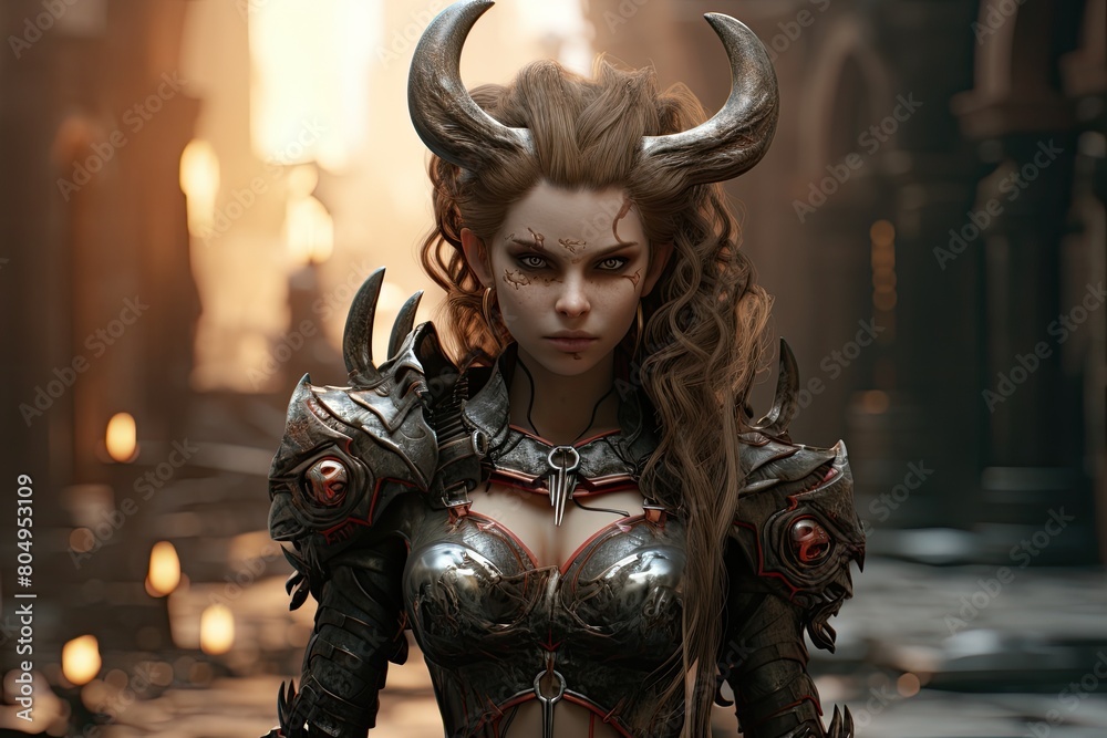 fierce fantasy warrior woman with horns and armor