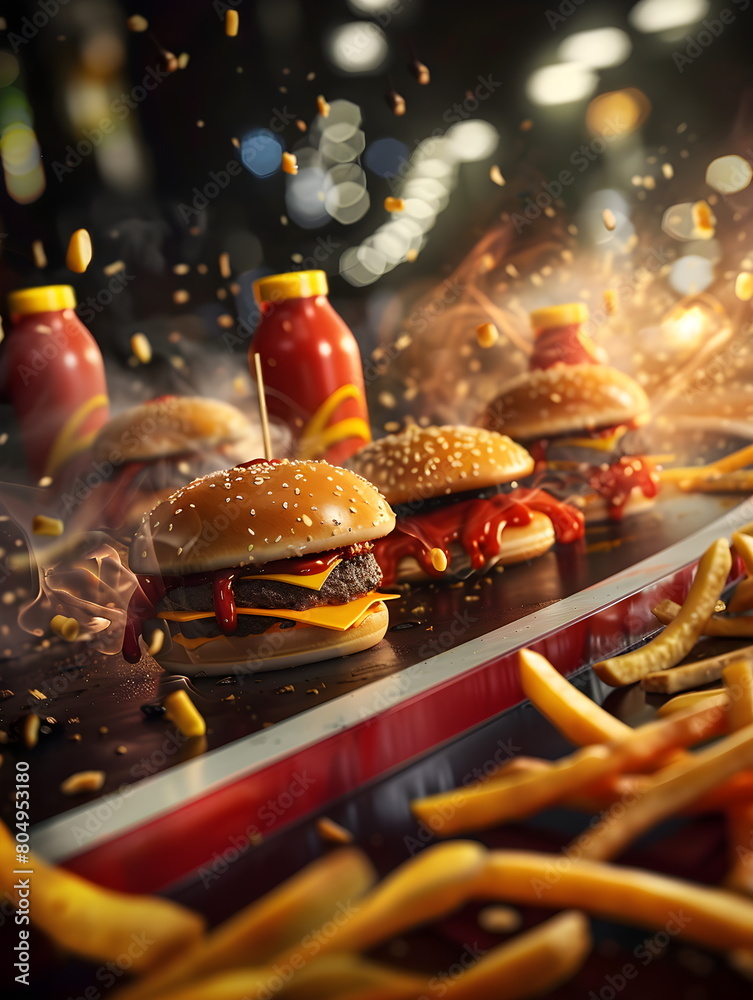 Fast Food Animation / Hamburger Wallpaper / Schnellimbiss Theken Illustration / Cooles Fast Food Poster / Dynamische Essen Illustration / Ai-Ki generiert
