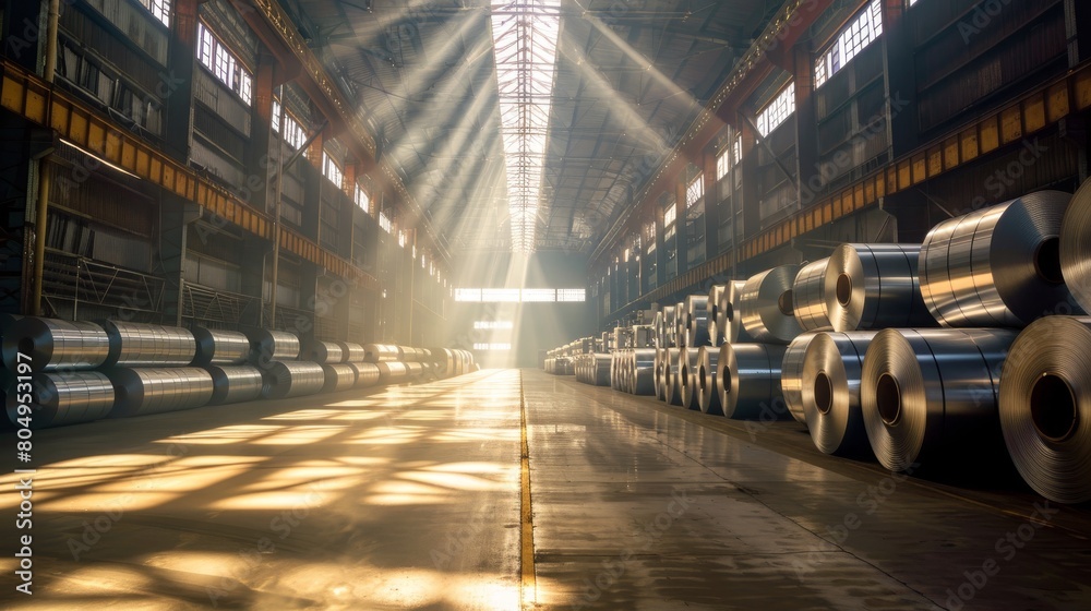 Sunlight streams through a warehouse with rows of steel coils, casting dramatic shadows on the floor. Created with Generative AI