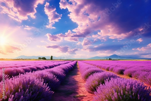 Stunning lavender field landscape with dramatic sky