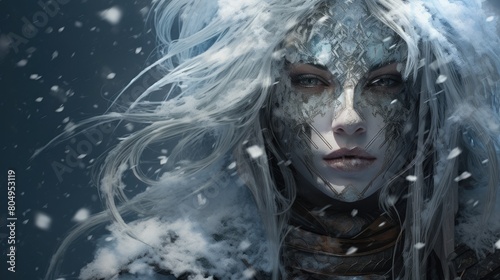 Icy fantasy warrior woman in winter storm