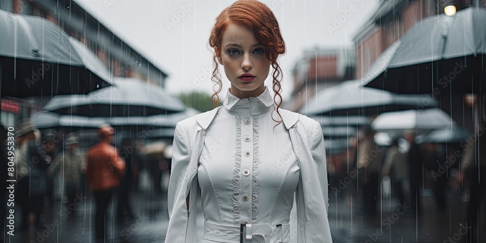 woman in white coat standing in the rain