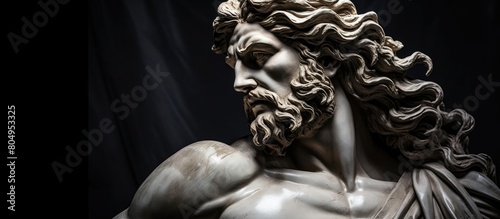 Dramatic sculpture of a male figure with flowing hair