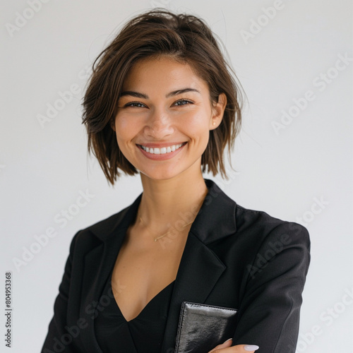 a beautiful and slim 25 years old brunette professional real estate smiling in a size plan, in a white background, she's wearing a black leather document holder, she has short hair 