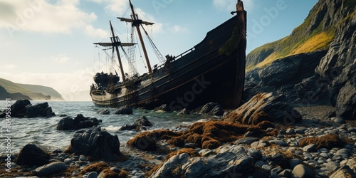 Shipwreck on rocky shore