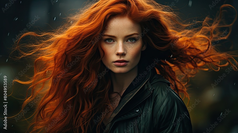 Fierce redhead woman with windblown hair Fierce redhead woman with windblown hair