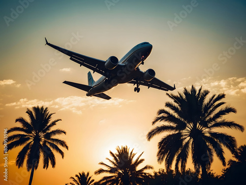 Against the canvas of a clear sunset sky  an airplane ascends above palm trees  its silhouette framed by the radiant sun rays.