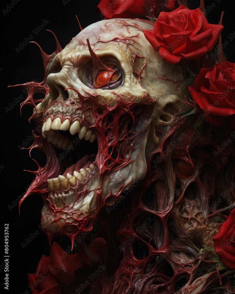 Naklejka premium Terrifying skull with red roses