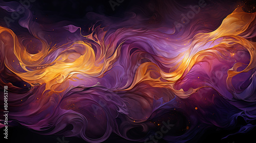 Abstract Art of Purple and Gold Color Fluttering Brush Strokes on Background
