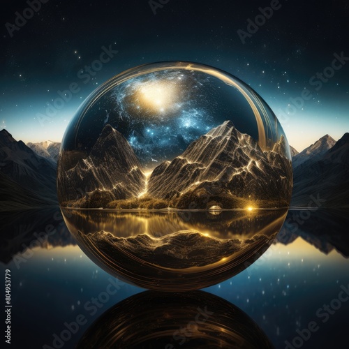 Majestic mountain landscape reflected in a crystal ball