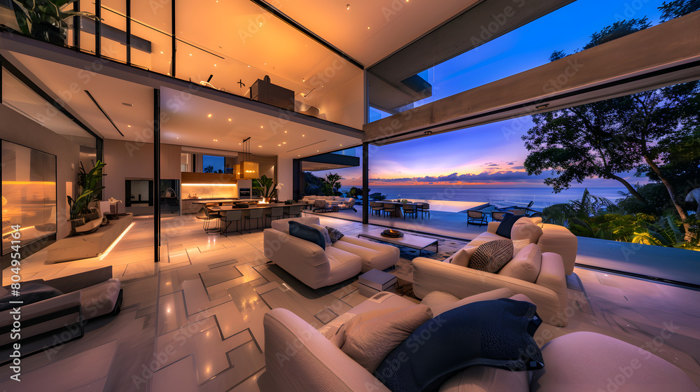 Fototapeta premium Light living room interior with beige couch and dining room with chairs on background, light grey concrete floor and window with countryside.