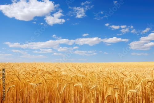 Vast golden wheat field under blue sky with clouds