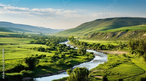 Scenic countryside landscape with winding river and rolling hills