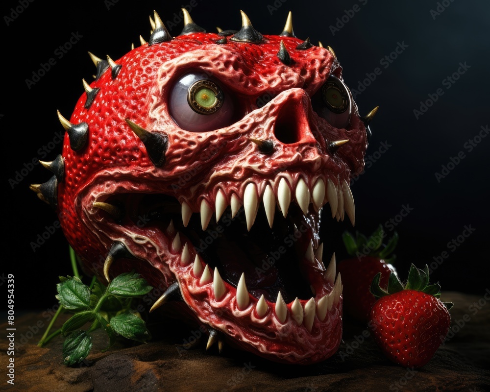 Monstrous strawberry creature with sharp teeth Monstrous strawberry creature with sharp teeth