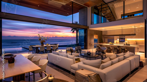 Light living room interior with beige couch and dining room with chairs on background, light grey concrete floor and window with countryside. 