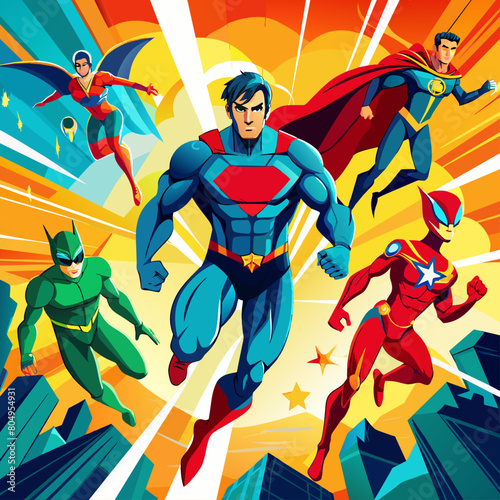 Superhero action scenes with dynamic bright backgrounds.