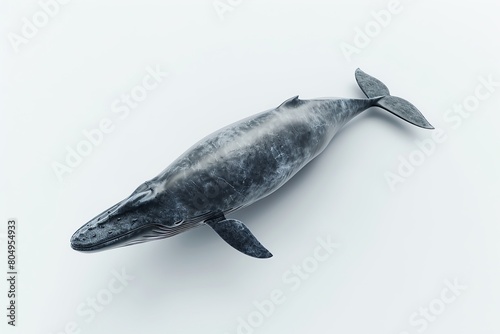 3D render of a blue whale, majestic pose, stark white background, realistic texture, soft overhead lighting, centered composition