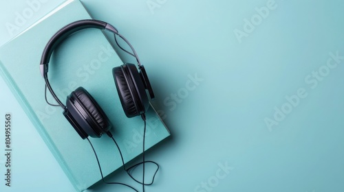 book and headphones on light blue background, Podcast or audiobook concept, Top view flat lay with copy space photo