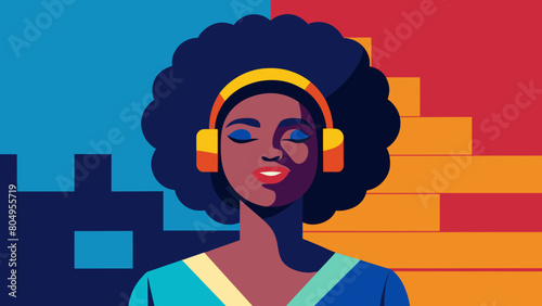 Inclusive image of a happy young gen-z black woman smiling and listening to music through headphones, vivid colours, colourful brick background