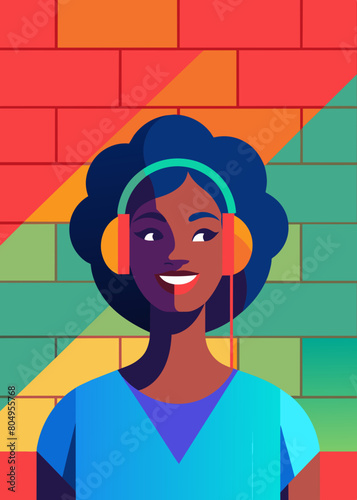 Inclusive image of a happy young gen-z black woman smiling and listening to music through headphones, vivid colours, colourful brick background