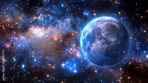 A blue moon is surrounded by a galaxy of stars