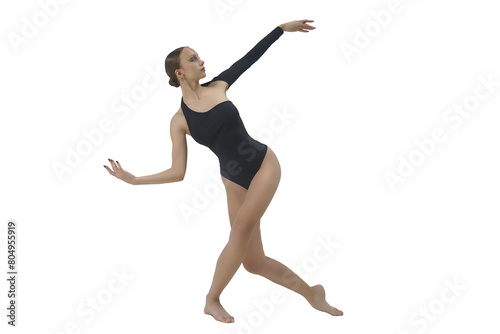 young female dancer in a bodysuit and barefoot shows elements of modern choreography with an eversion of the arms, isolated on transparent background, png photo