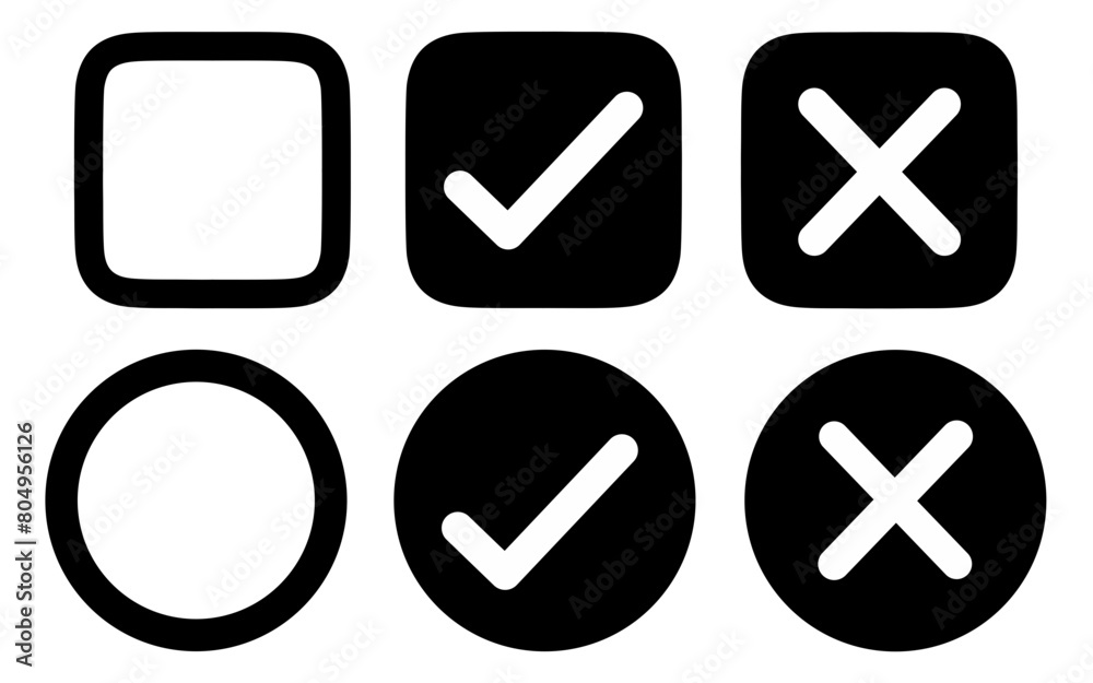 Set of black and white check and cross marks icons Set of black and white check and cross marks icons