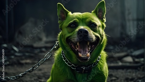 Like in an action or horror film, a vicious and frightening green-colored toxic dog from hell tugs on its chain and flashes its teeth.