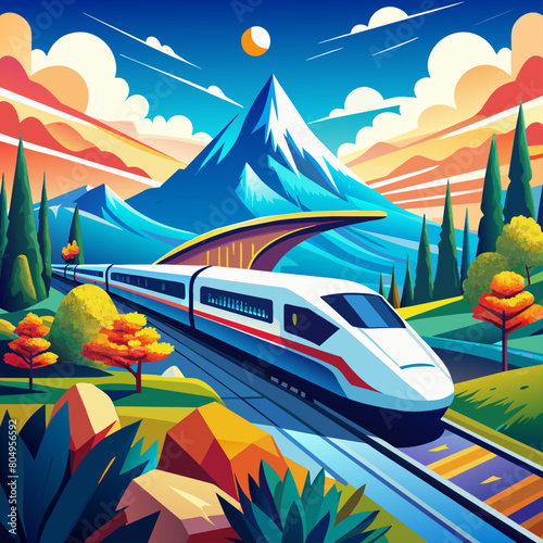 train in the mountains, railways in mountain, railway backgrounds, cartoon, animation railway background, High-speed bullet train illustrations with vibrant landscapes.