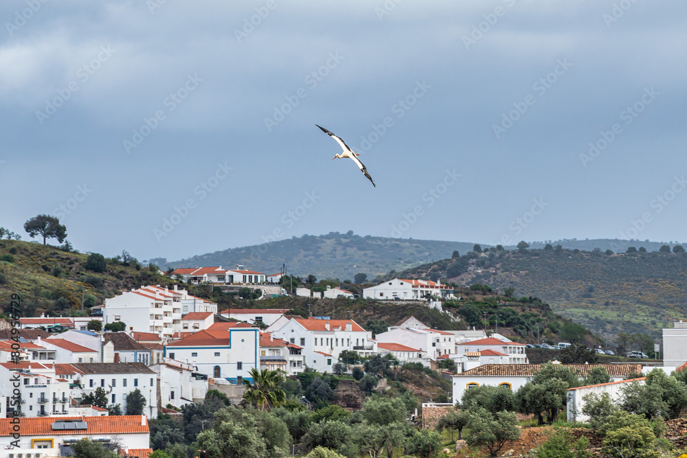 White stork flying over the river Rio Guadiana at Mertola, Algarve, Portugal. White stork flying over the river Rio Guadiana at Mertola, Algarve, Portugal.