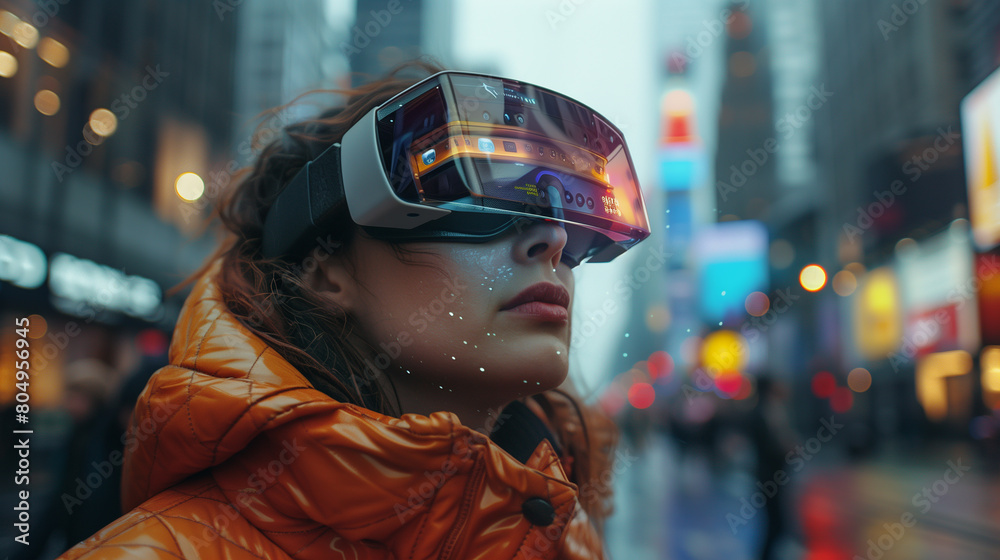 A person wearing augmented reality glasses interacting with virtual elements in a city street. A person wearing augmented reality glasses interacting with virtual elements in a city street.