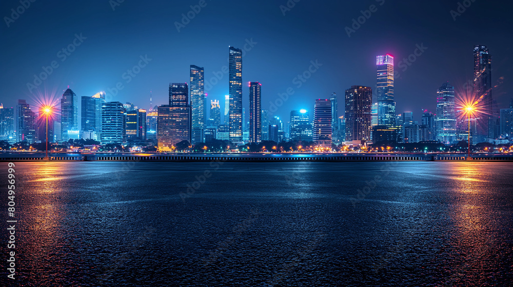 Obraz premium Bangkok urban cityscape skyline night scene with empty asphalt floor on front.