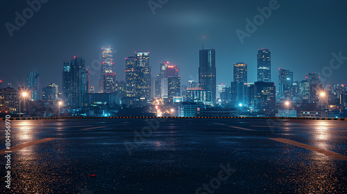 Bangkok urban cityscape skyline night scene with empty asphalt floor on front. © Wasin Arsasoi