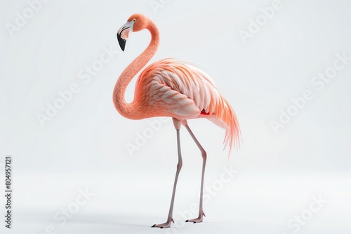 Flamingo standing  3D rendering  minimalist white backdrop  soft pink feathers  one leg raised  gentle ambient lighting