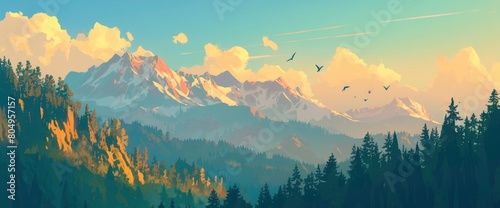The picturesque mountain range framed by pine and fir forests during the golden hour, with clouds enhancing the view, Cartoon background photo