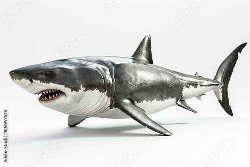 Great white shark  3D render  crisp white background  dynamic hunting pose  detailed texture  spotlight from above