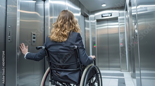 A woman in a wheelchair is in a large, empty elevator photo