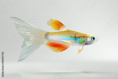 Guppy, 3D visual, bright white environment, multicolored fins, lively pose, spotlight from above