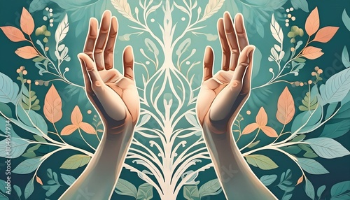 An illustration depicting the concept of mindfulness with two open hands facing upwards in a gesture of acceptance and peace, symbolizing the practice of embracing the present moment without judgment. photo