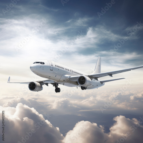 Passenger jet soars above clouds, basking in the golden light of dawn