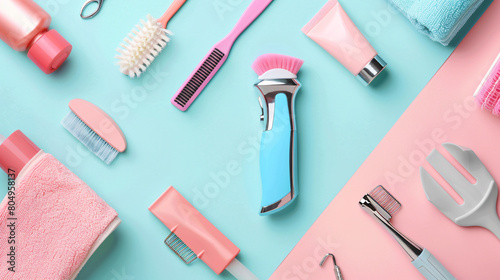 Set for hair removal on color background flat lay