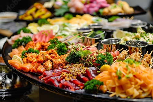 Assorted sushi platter with fresh garnishes
 photo