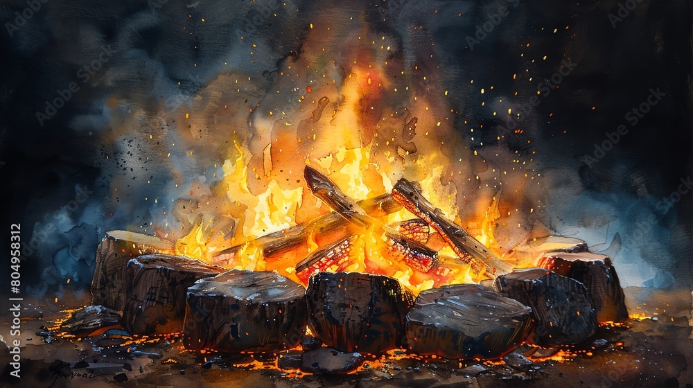 A beautiful watercolor painting of a campfire A beautiful watercolor painting of a campfire