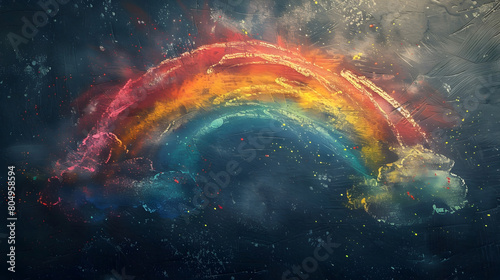 Vibrant Chalkboard-Style Rainbow and Clouds in Moody Watercolor Landscape photo