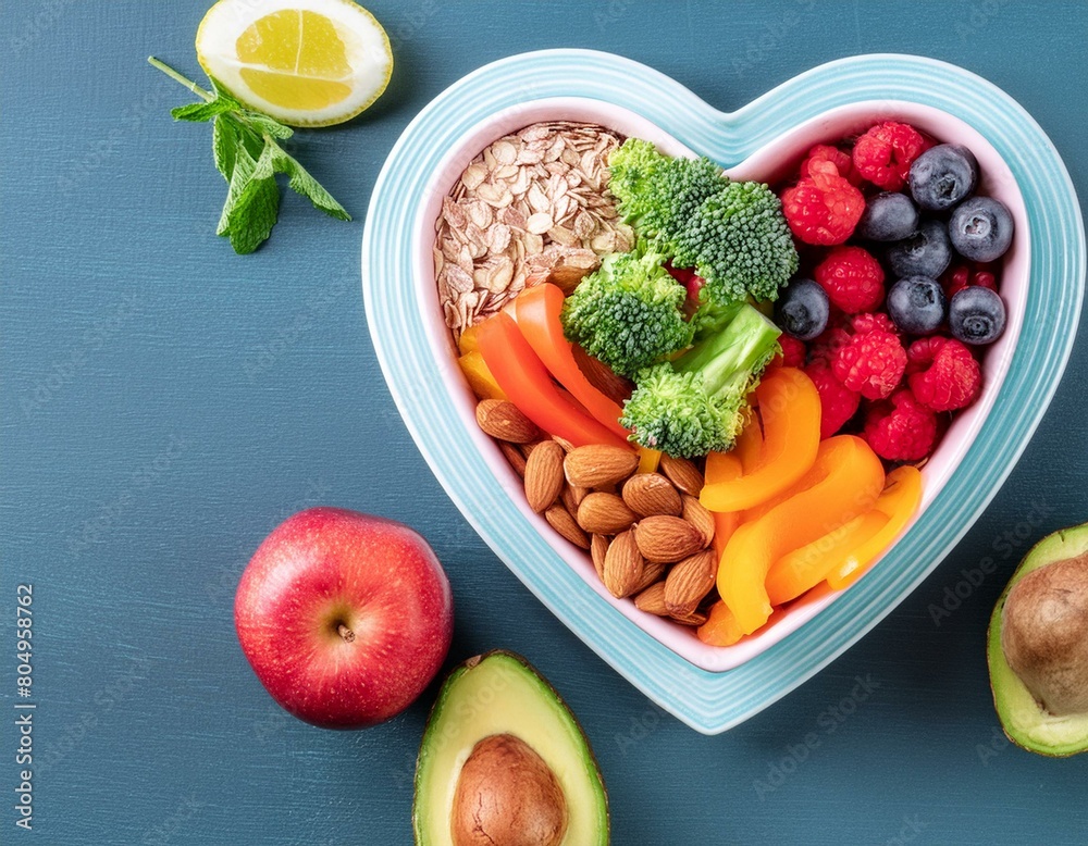 A vibrant photo showcasing a heartshaped bowl filled with nutritious diet foods, including fresh fruits, vegetables, and whole grains, promoting heart health and cardiovascular wellness A vibrant photo showcasing a heartshaped bowl filled with nutritious diet foods, including fresh fruits, vegetables, and whole grains, promoting heart health and cardiovascular wellness
