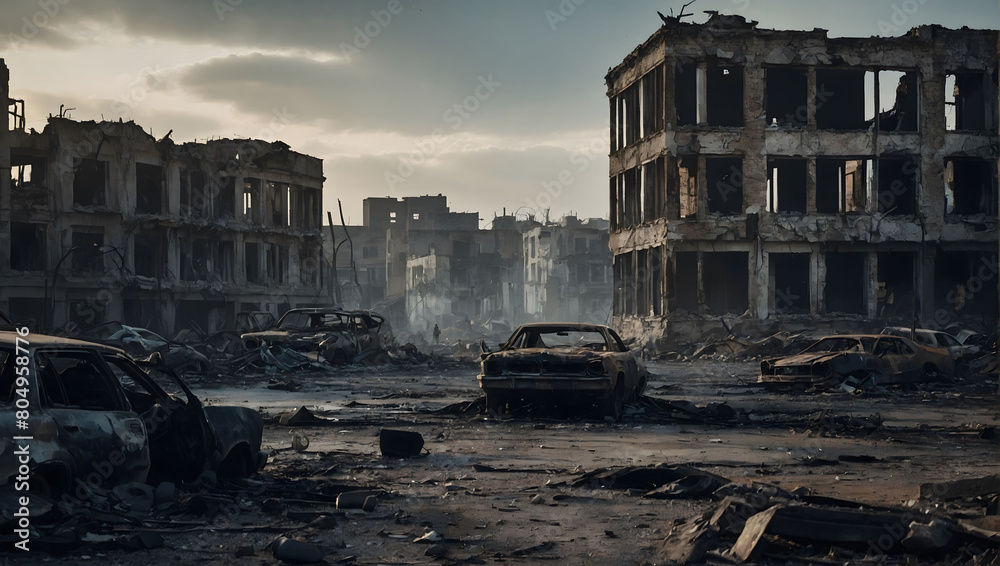 An eerie post-apocalyptic landscape, shattered buildings, charred ...