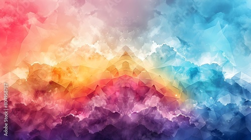 Vibrant Geometric Watercolor Clouds and Rainbow Landscape with Cinematic 3D Rendering and Minimalist Design
