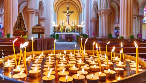 Candles in church with altar in background. Beautiful catholic or Lutheran cathedral with many lit candles as prayer or memory symbol. Beautiful lights in Christian basilica and crucifix in background photo
