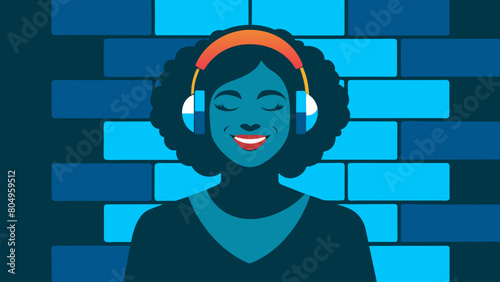 Inclusive image of a happy young gen-z black woman smiling and listening to music through headphones, vivid colours, colourful brick background